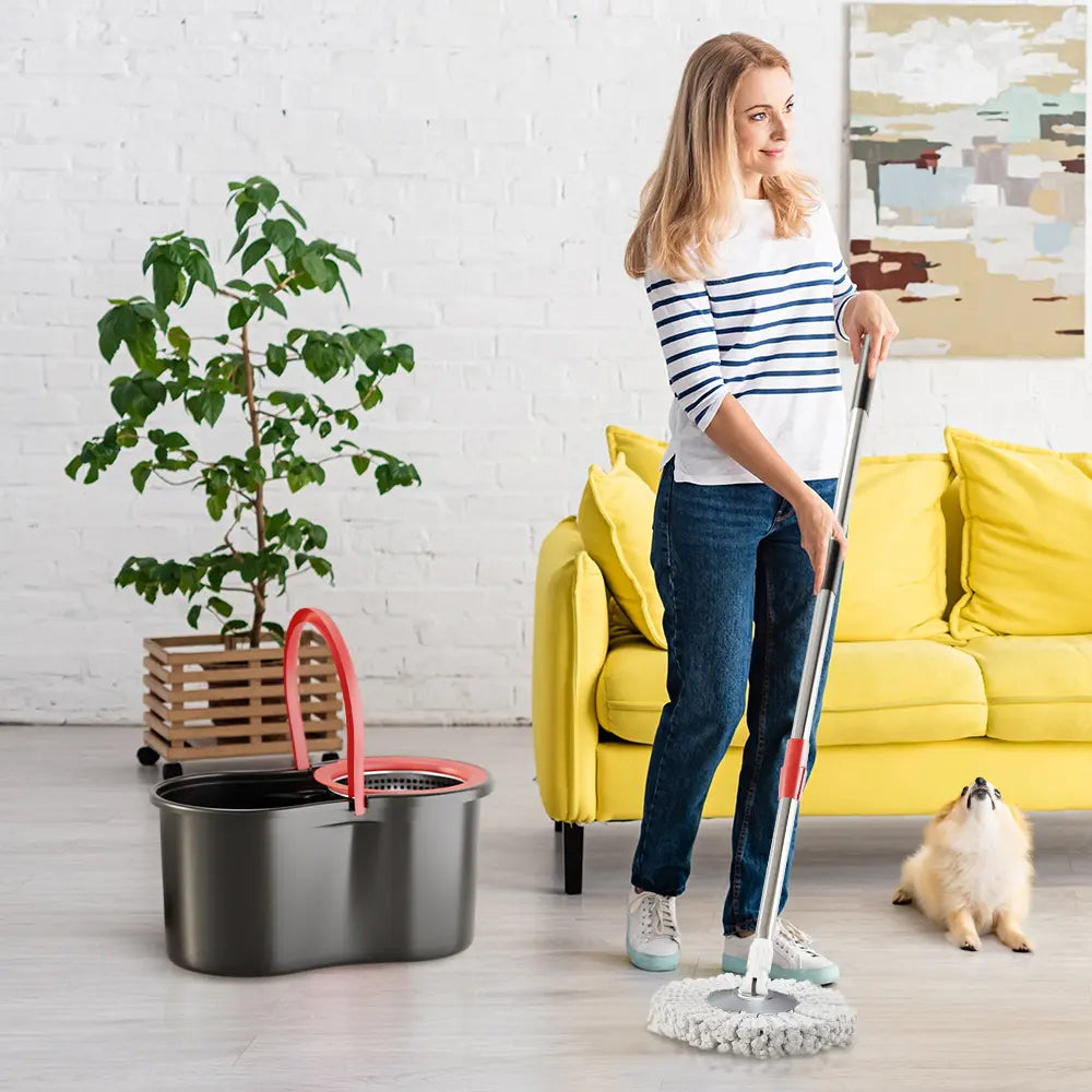 Spin Mop and Bucket Set with Wringer, 360° Rotating Mop Bucket System, Includes 3 Microfiber Mop Refill Heads and a 61-Inch Adjustable Stainless Steel Handle, Ideal for Bathroom Use, Efficient Floor Cleaning, Home Cleaning