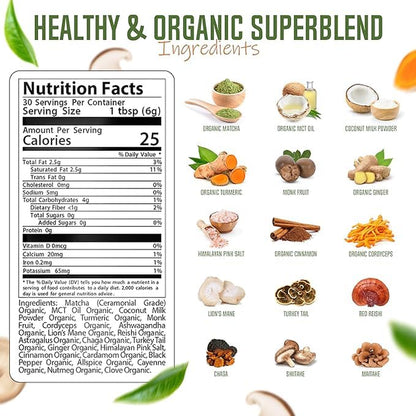 Mushroom Matcha - Organic Ceremonial Grade Matcha (60 Servings) | 7 Mushrooms & Adaptogens - Coffee Alternative for Energy, Focus & Gut Health