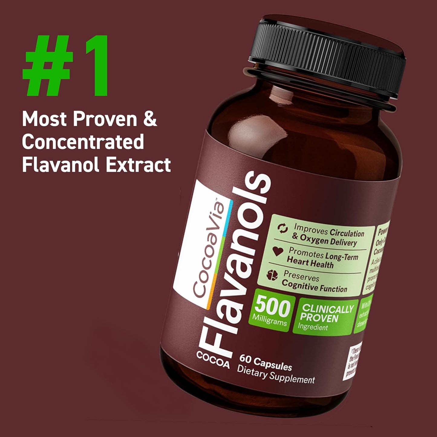 Cardio Health Supplement, 60 Day, 500Mg Cocoa Flavanols, Support Heart Health, Boost Nitric Oxide, Blood Circulation, Energy, Vegan, Dark Chocolate, 120 Capsules