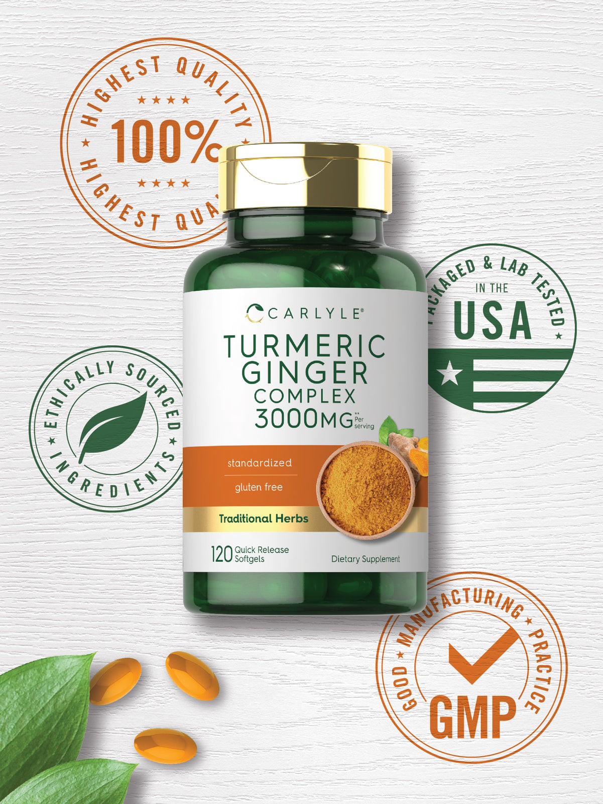 Turmeric Curcumin & Ginger Complex 3000Mg | 120 Softgels | by Carlyle