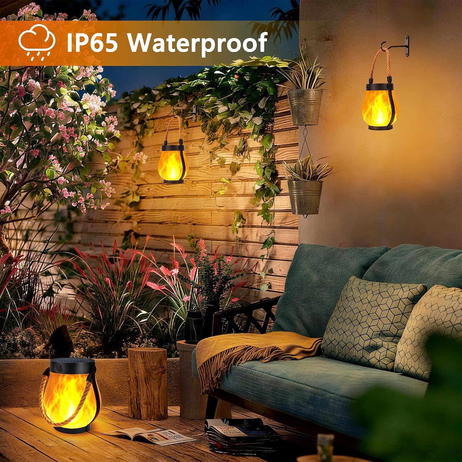 Solar Lanterns Outdoor Lights, 2 Pack Waterproof Flickering Flame Hanging Lanterns with 2 Modes, Dual Charging Usb/Solar Solar Lights for Camping Patio Garden Yard Porch Deck Outdoor Decor