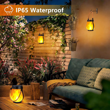 Solar Lanterns Outdoor Lights, 2 Pack Waterproof Flickering Flame Hanging Lanterns with 2 Modes, Dual Charging Usb/Solar Solar Lights for Camping Patio Garden Yard Porch Deck Outdoor Decor