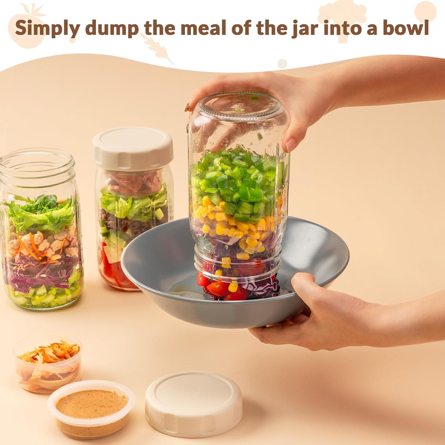 4 Pack Glass Salad Jars with Lids Meal Prep, Leakproof Container for Lunch, Two Small Built-In Boxes with Wet/Dry Separation for Salad Dressing and Dry Ingredients, 32Oz Mason Jars
