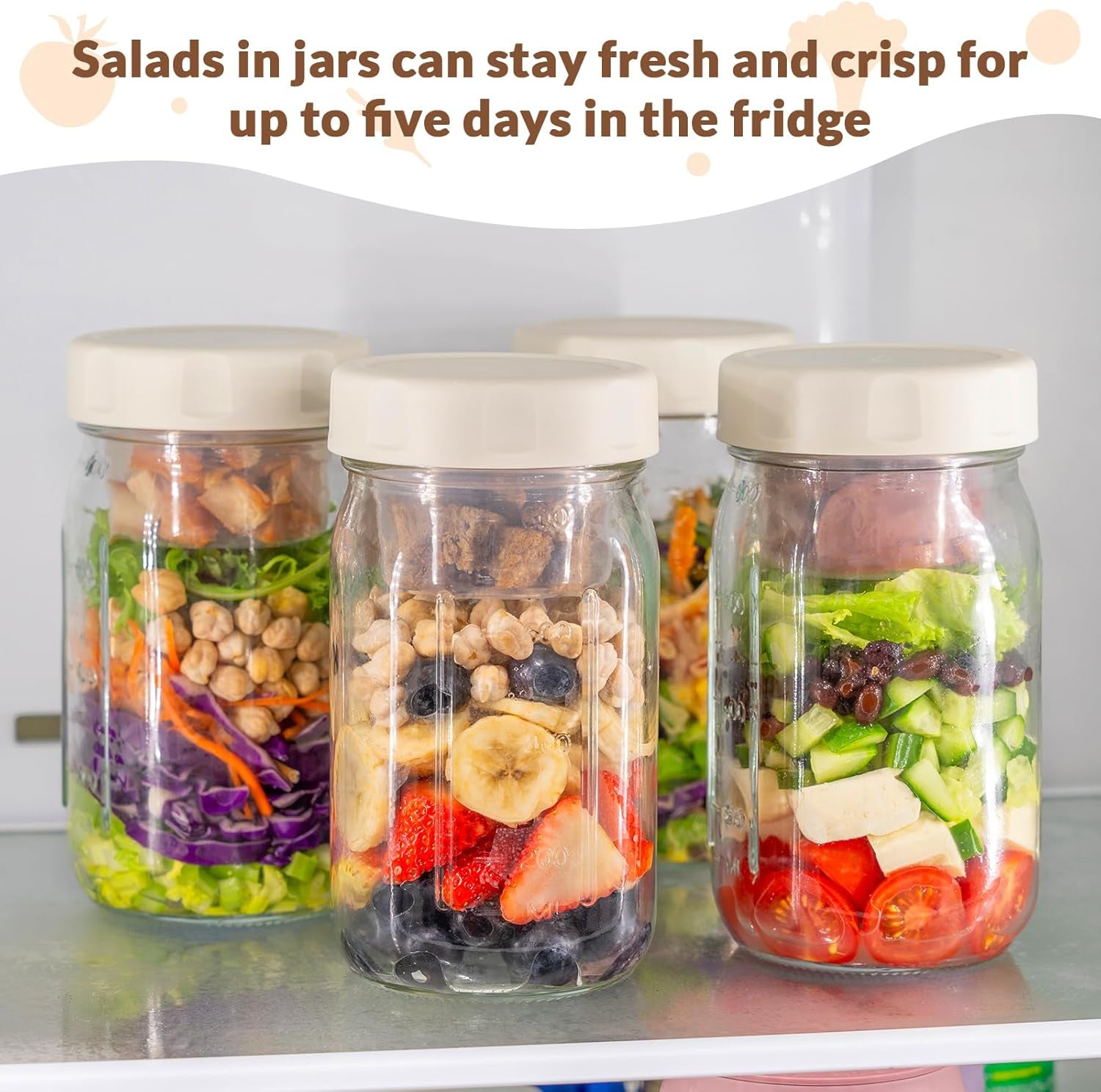 4 Pack Glass Salad Jars with Lids Meal Prep, Leakproof Container for Lunch, Two Small Built-In Boxes with Wet/Dry Separation for Salad Dressing and Dry Ingredients, 32Oz Mason Jars