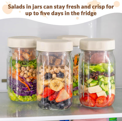 4 Pack Glass Salad Jars with Lids Meal Prep, Leakproof Container for Lunch, Two Small Built-In Boxes with Wet/Dry Separation for Salad Dressing and Dry Ingredients, 32Oz Mason Jars