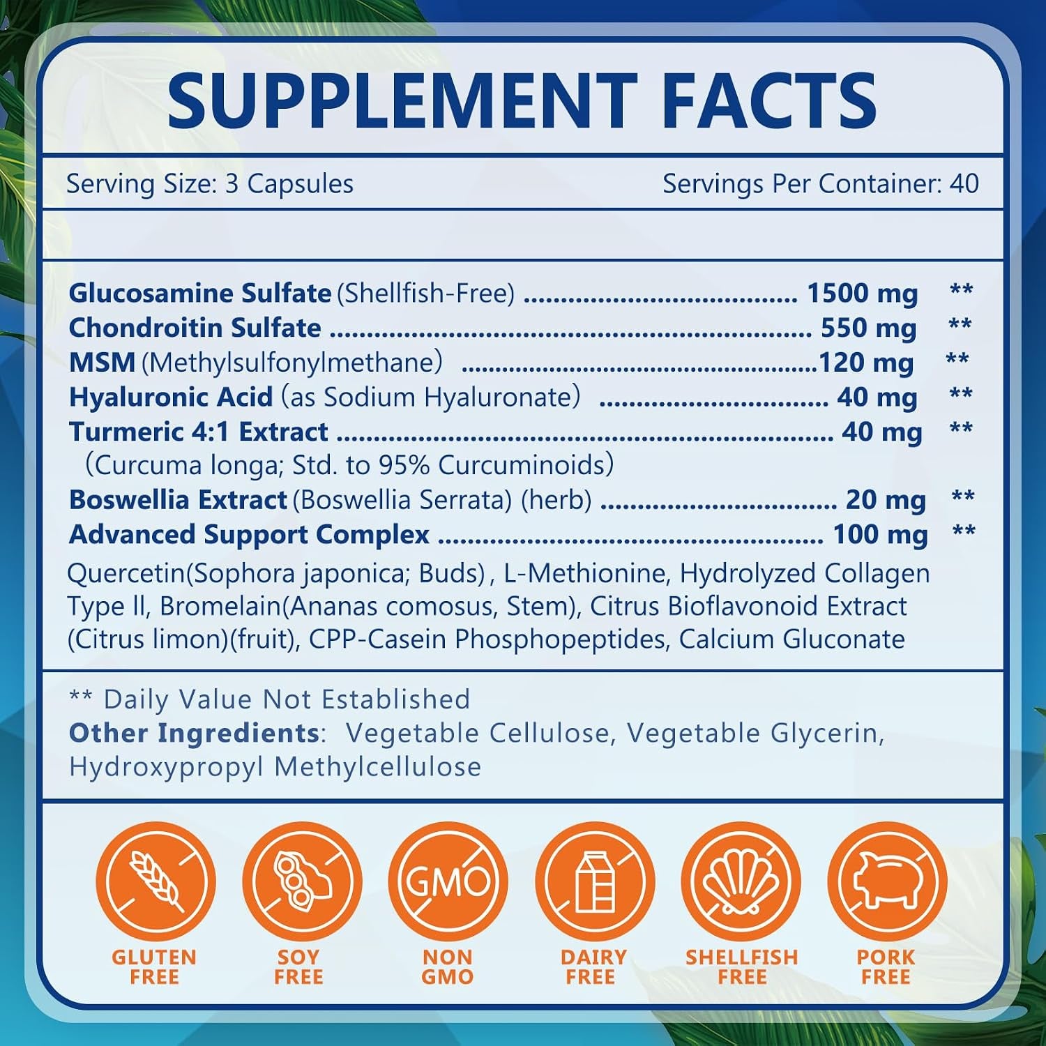 Glucosamine Chondroitin MSM, Joint Support Supplement, Shellfish Free, Turmeric Boswellia, Hyaluronic Acid, Collagen, Calium for Cartilage and Bone Health,120 Capsules, 40 Servings