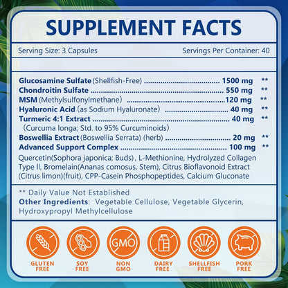 Glucosamine Chondroitin MSM, Joint Support Supplement, Shellfish Free, Turmeric Boswellia, Hyaluronic Acid, Collagen, Calium for Cartilage and Bone Health,120 Capsules, 40 Servings