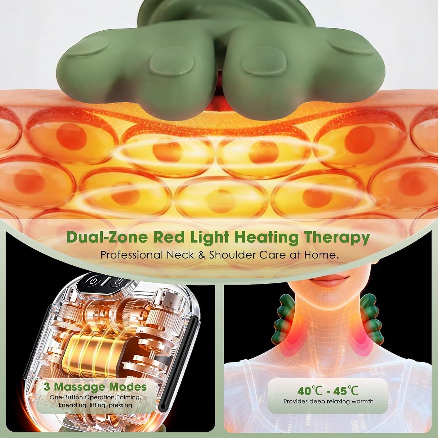 Neck and Shoulder Massager with Bionic Hand - 4D Kneading Shiatsu with Heat, Wireless Portable Rechargeable Deep Tissue Massager for Pain Relief, Home/Office (Green)