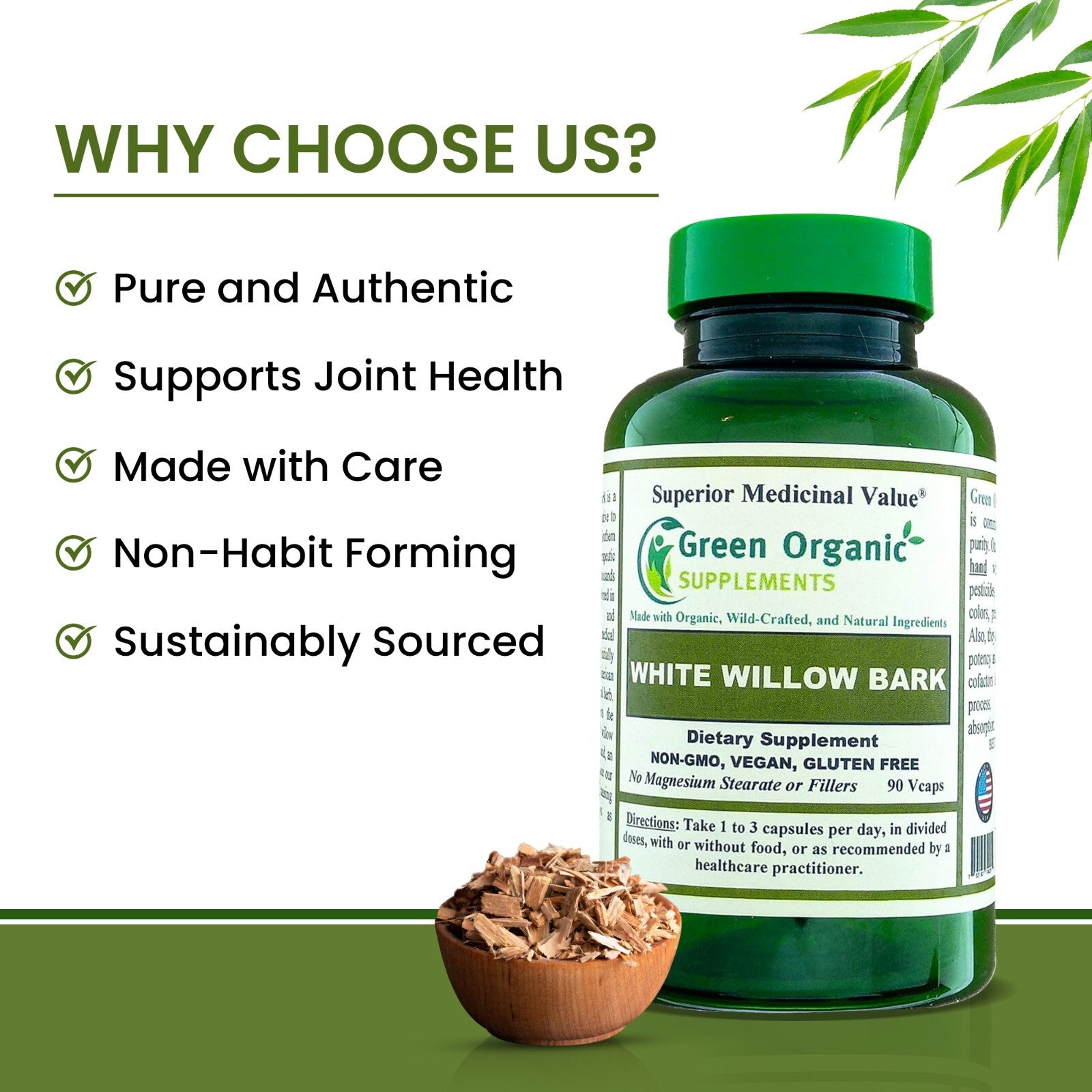 White Willow Bark Capsules 90 Veg Caps, 710Mg Willow Bark Extract, Non GMO