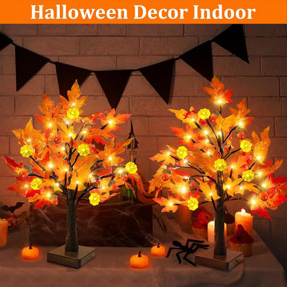 Fall Decor 2 Pack 18 Inch Prelit Fall Maple Tree Fall Decorations for Home with 48 Leds Timer Battery Operated Pumpkin Lights Lighted Thanksgiving Halloween Decor Table Mantle Indoor Outdoor
