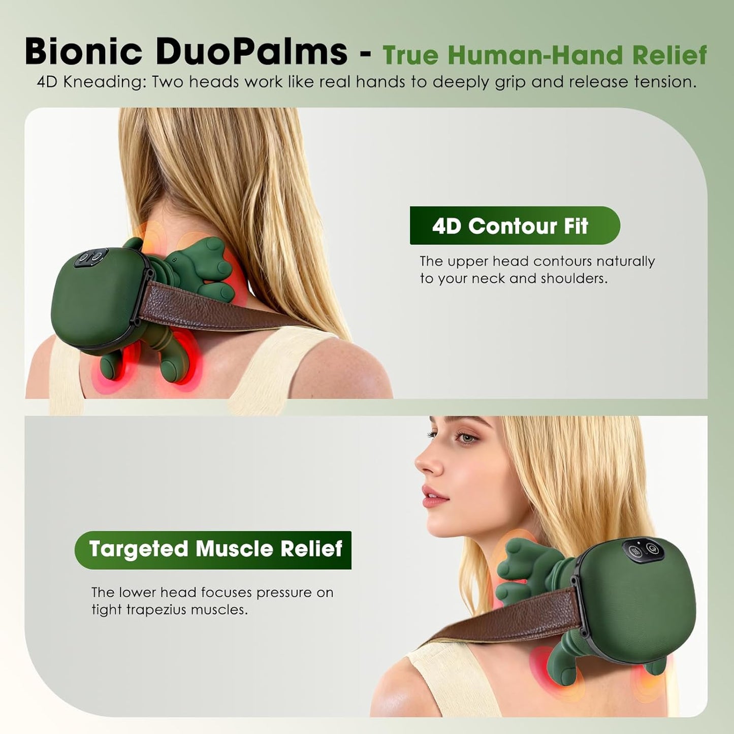 Neck and Shoulder Massager with Bionic Hand - 4D Kneading Shiatsu with Heat, Wireless Portable Rechargeable Deep Tissue Massager for Pain Relief, Home/Office (Green)