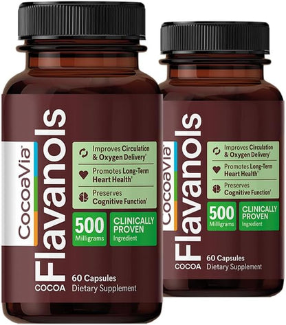 Cardio Health Supplement, 60 Day, 500Mg Cocoa Flavanols, Support Heart Health, Boost Nitric Oxide, Blood Circulation, Energy, Vegan, Dark Chocolate, 120 Capsules