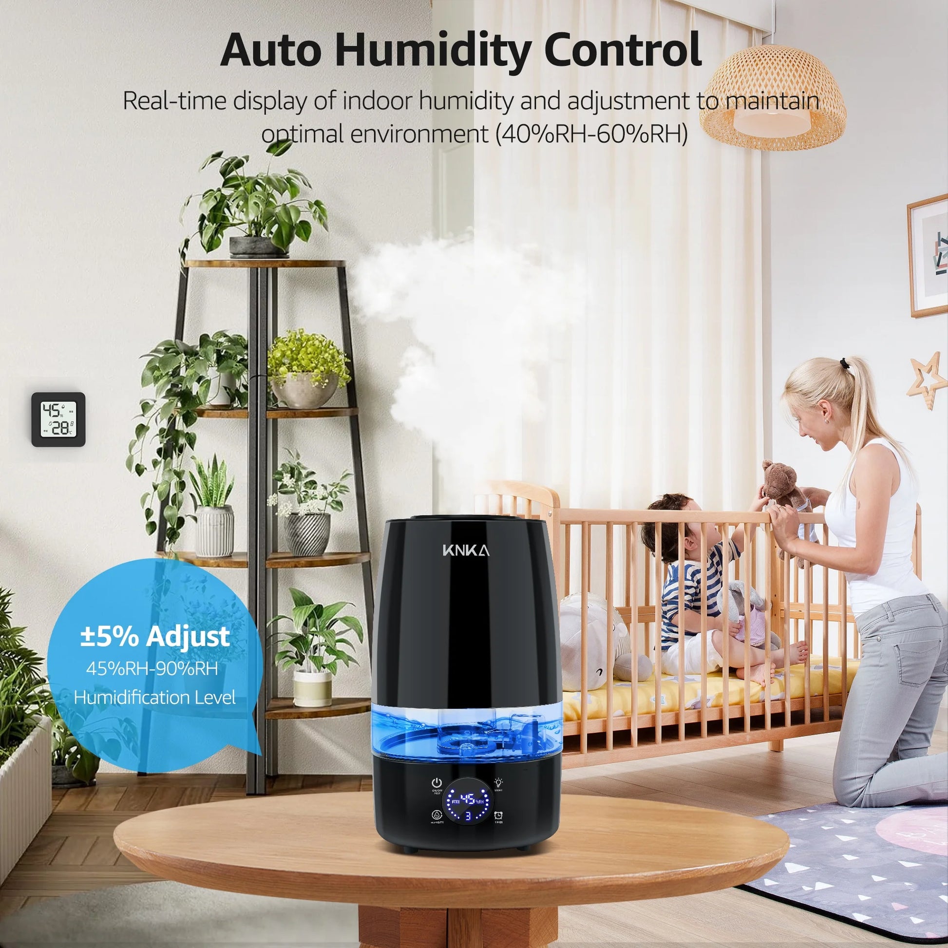 4.5L Humidifier for Room - Quiet, Auto Humidity Control, Essential Oil Diffuser, 40H Runtime, Top Fill, Easy Clean, Anti-Leak