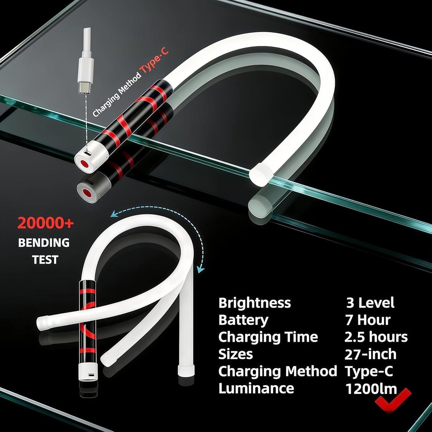 Flexible LED Light Stick | 27" Rechargeable Bendable Flashlight with 3 Brightness Modes | High Lumen Work Light for Car Repairs, Mechanical Inspection & Tight Spaces | LED Flashlight Stick