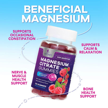 Magnesium Citrate Gummies - High Absorption Magnesium Citrate Gummy Supplement - Natural Bone, Nerve, Muscle, Calm, & Relaxation Support for Adults - Raspberry Flavor, Gluten Free, Vegan, 120 Gummies