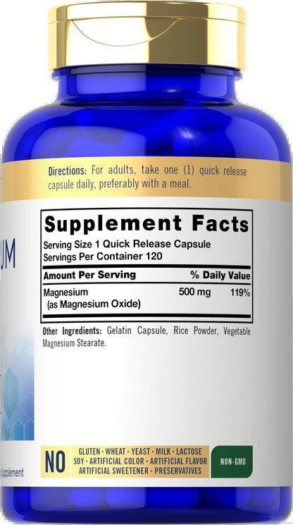 Magnesium Oxide 500Mg | 120 Quick Release Capsules | Non-Gmo and Gluten Free Supplement | by