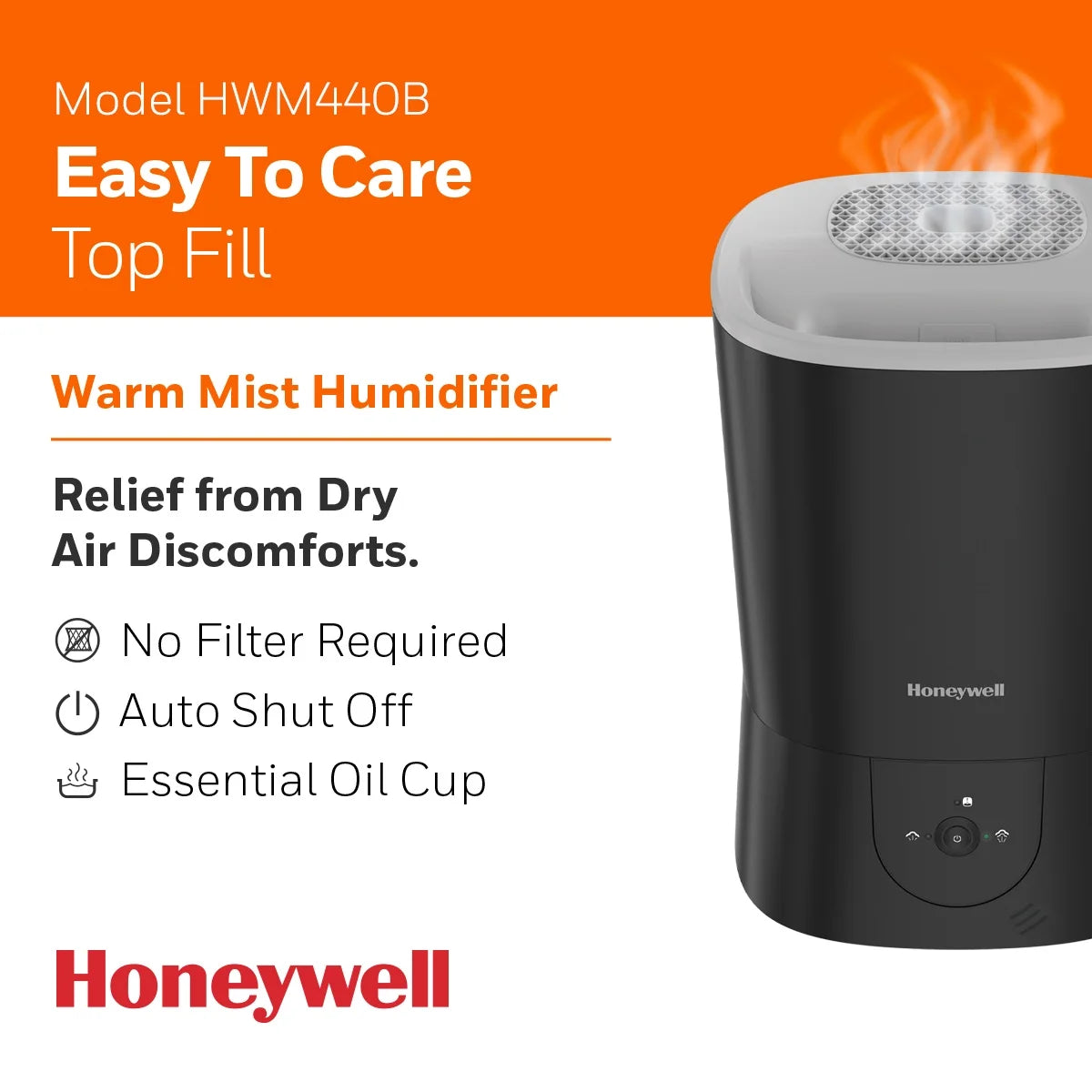 1.5 Gal. 500 Sq Ft Filter Free Warm Mist Humidifier with Essential Oil Cup, Black, HWM440