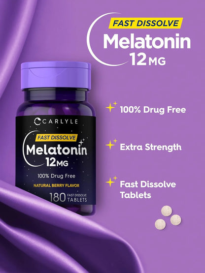Melatonin 12 Mg 180 Tablets | Berry Flavor | Vegetarian Supplement for Men and Women | by
