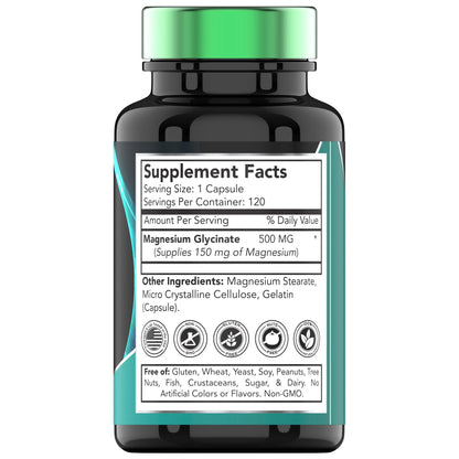 Magnesium Glycinate 500 Mg per Capsule Dietary Supplements for Sleep Mood Stress Muscle and Nerve Health, 120 Count