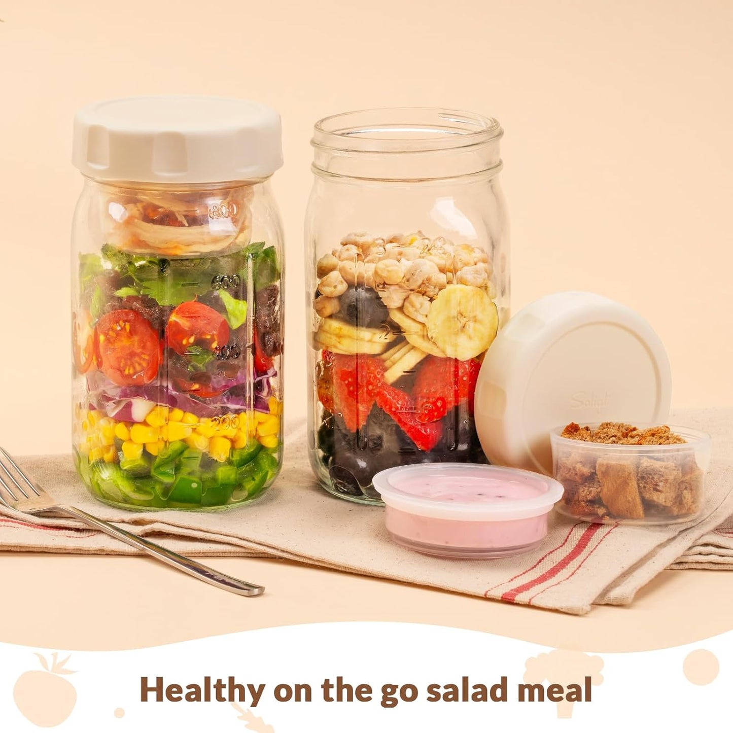 4 Pack Glass Salad Jars with Lids Meal Prep, Leakproof Container for Lunch, Two Small Built-In Boxes with Wet/Dry Separation for Salad Dressing and Dry Ingredients, 32Oz Mason Jars