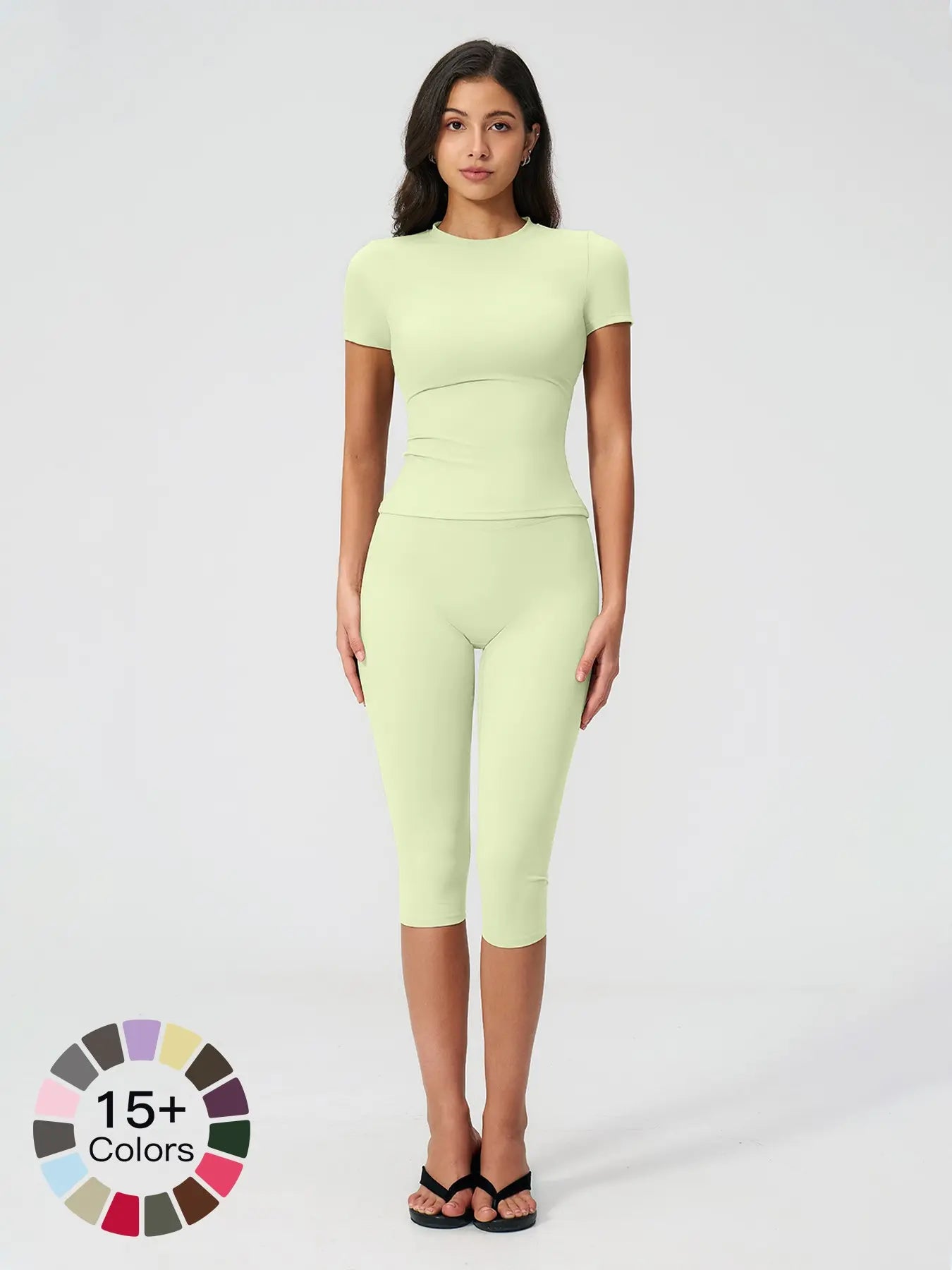 Breathable Tight Yoga Set, Quick-Dry Fitness Wear, Versatile Short Sleeve Tee & High Waist Capri Pants, Sporty Outfit for All Seasons, Solid Sports Sets