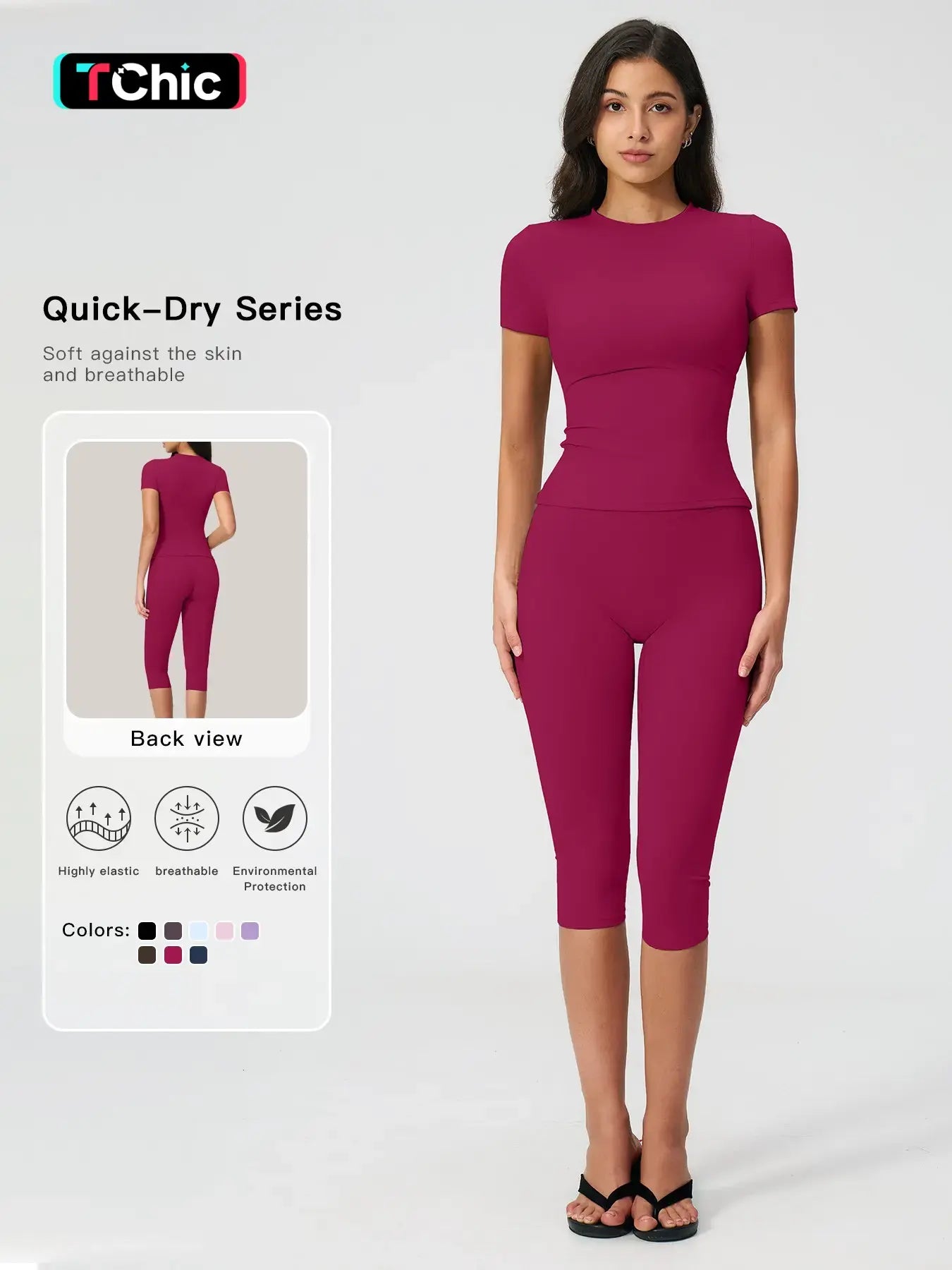 Breathable Tight Yoga Set, Quick-Dry Fitness Wear, Versatile Short Sleeve Tee & High Waist Capri Pants, Sporty Outfit for All Seasons, Solid Sports Sets