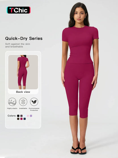 Breathable Tight Yoga Set, Quick-Dry Fitness Wear, Versatile Short Sleeve Tee & High Waist Capri Pants, Sporty Outfit for All Seasons, Solid Sports Sets