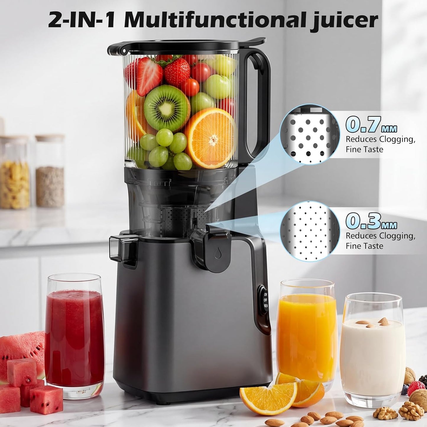 Juicer Machines with 5.8" Large Chute, 2-In-1 Cold Press Juicer for Whole Vegetables Fruits 400W, Masticating Juicer Easy to Clean Juice Extractor Machine for Making Nut Mike, Juice, Premium Gray