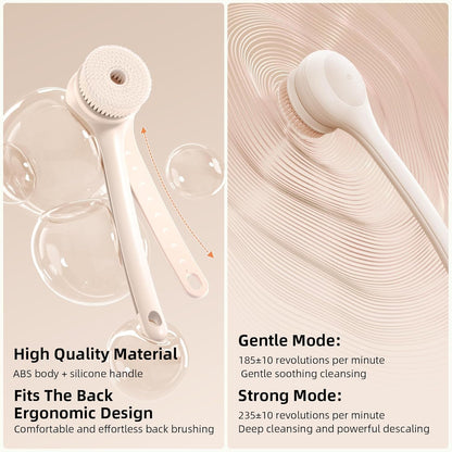 Electric Body Brush Back Scrubber for Shower, Waterproof Long Dual Handle Body Scrubber with 3 Heads, Bath Brush & 2 Speeds, for Cleansing, Exfoliating and Massaging Skin, Chrysanth Pink