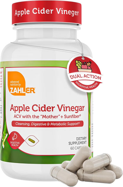 Apple Cider Vinegar Capsules with Fiber Supplement - Cleansing, Digestive and Metabolic Support - Healthy Diet and Appetite - Kosher Apple Cider Vinegar Pills - Non GMO ACV Capsules - 60 Count