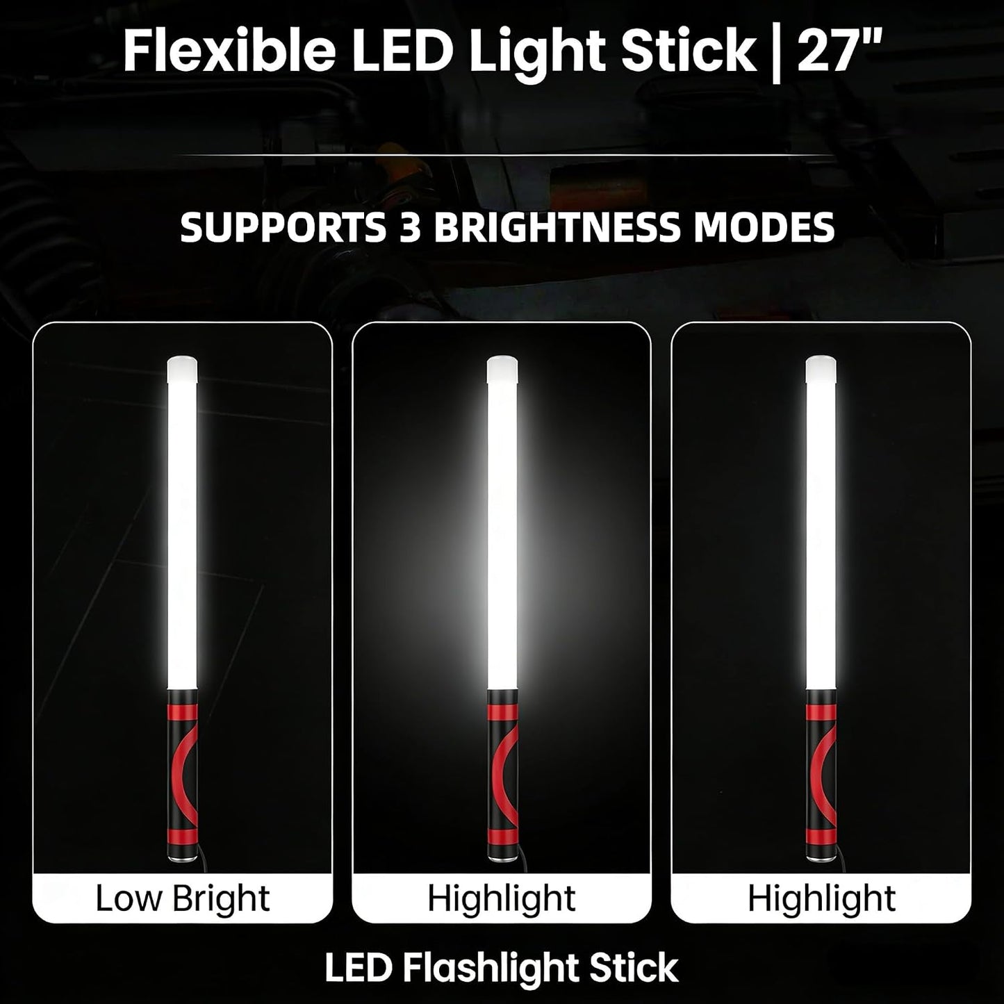 Flexible LED Light Stick | 27" Rechargeable Bendable Flashlight with 3 Brightness Modes | High Lumen Work Light for Car Repairs, Mechanical Inspection & Tight Spaces | LED Flashlight Stick