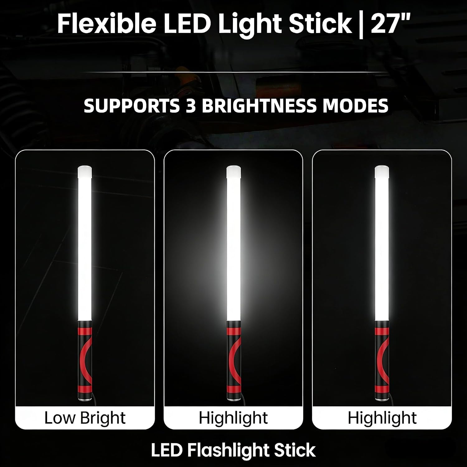 Flexible LED Light Stick | 27" Rechargeable Bendable Flashlight with 3 Brightness Modes | High Lumen Work Light for Car Repairs, Mechanical Inspection & Tight Spaces | LED Flashlight Stick
