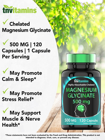 Magnesium Glycinate 500 Mg per Capsule Dietary Supplements for Sleep Mood Stress Muscle and Nerve Health, 120 Count