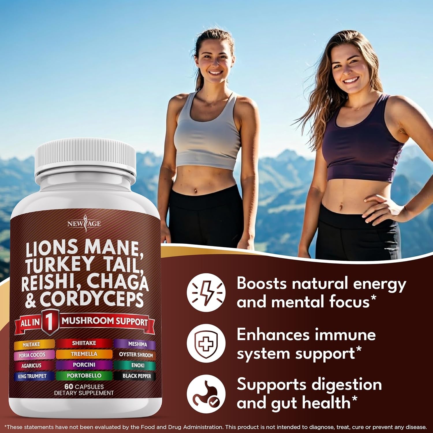 Lions Mane Mushroom Supplement with Turkey Tail Reishi Cordyceps Chaga with Marshmallow Root - 120 Count