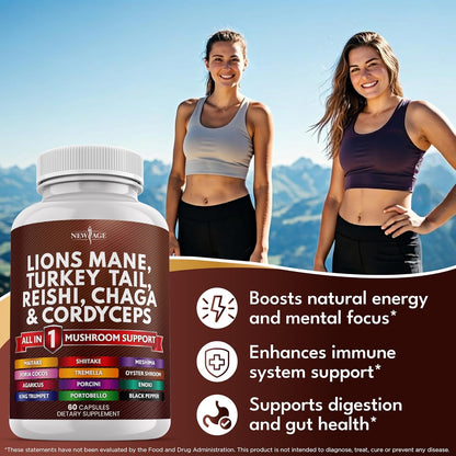 Lions Mane Mushroom Supplement with Turkey Tail Reishi Cordyceps Chaga with Marshmallow Root - 120 Count