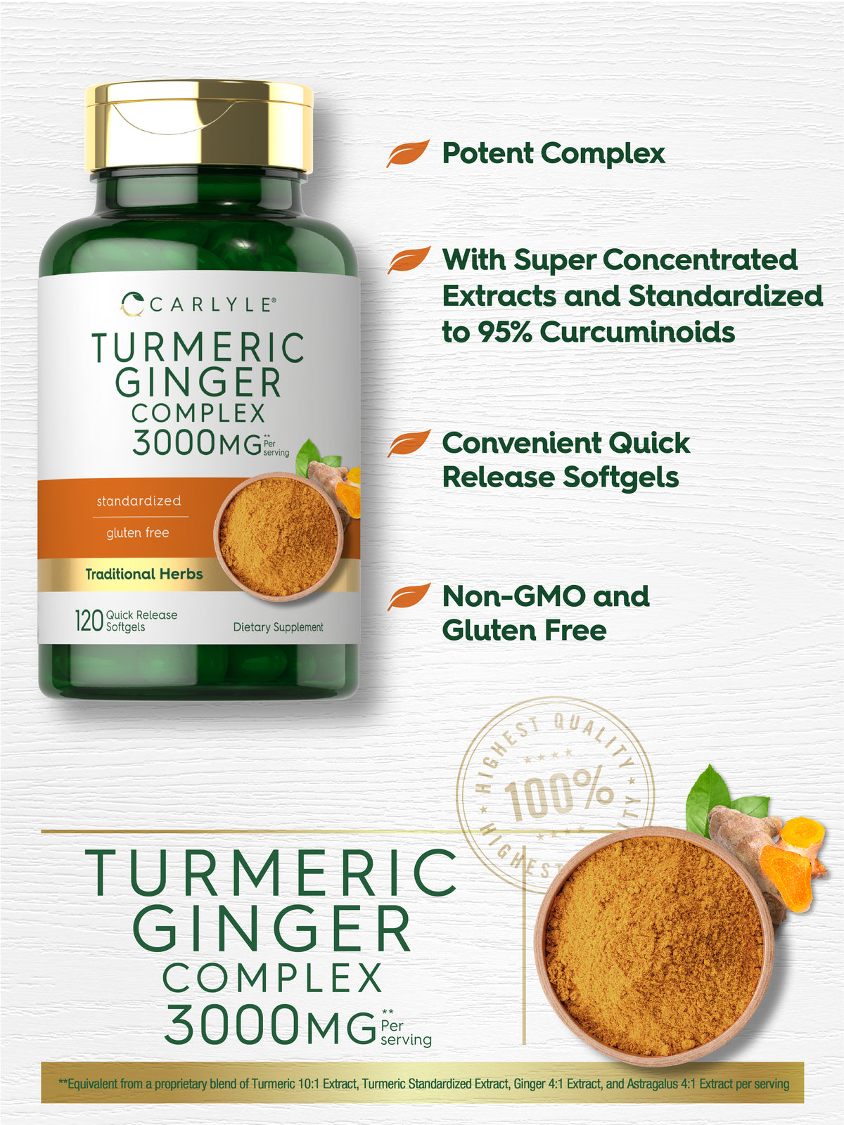 Turmeric Curcumin & Ginger Complex 3000Mg | 120 Softgels | by Carlyle