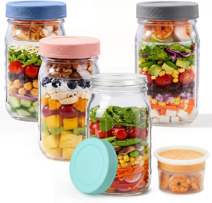 32Oz Glass Salad Jars for Meal Prep 4-Pack, round Mason Salad Jars with Dressing Cup & Leakproof Lid, Anti-Soggy Salad Shaker for Office & Fitness, Precision Portion Control, Wellness