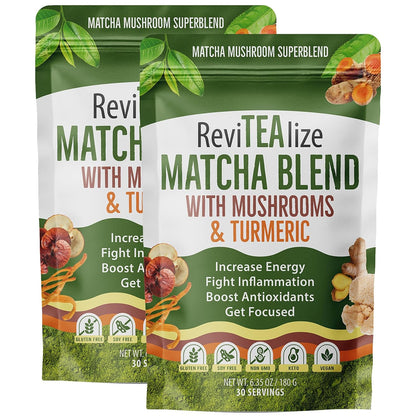 Mushroom Matcha - Organic Ceremonial Grade Matcha (60 Servings) | 7 Mushrooms & Adaptogens - Coffee Alternative for Energy, Focus & Gut Health