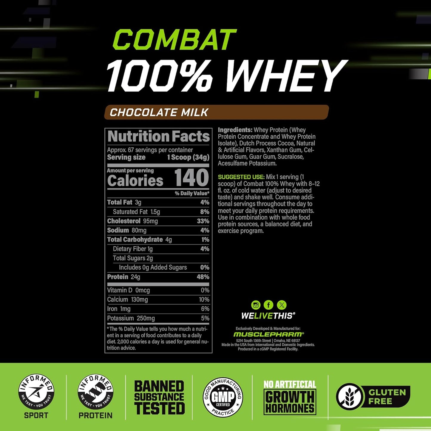 Musclepharm Combat 100% Whey Protein Powder, Chocolate Milk, Fast Recovery & Muscle Gain with Whey Isolate, High Protein Powder for Women & Men, Gluten Free, 5Lb, 67 Servings