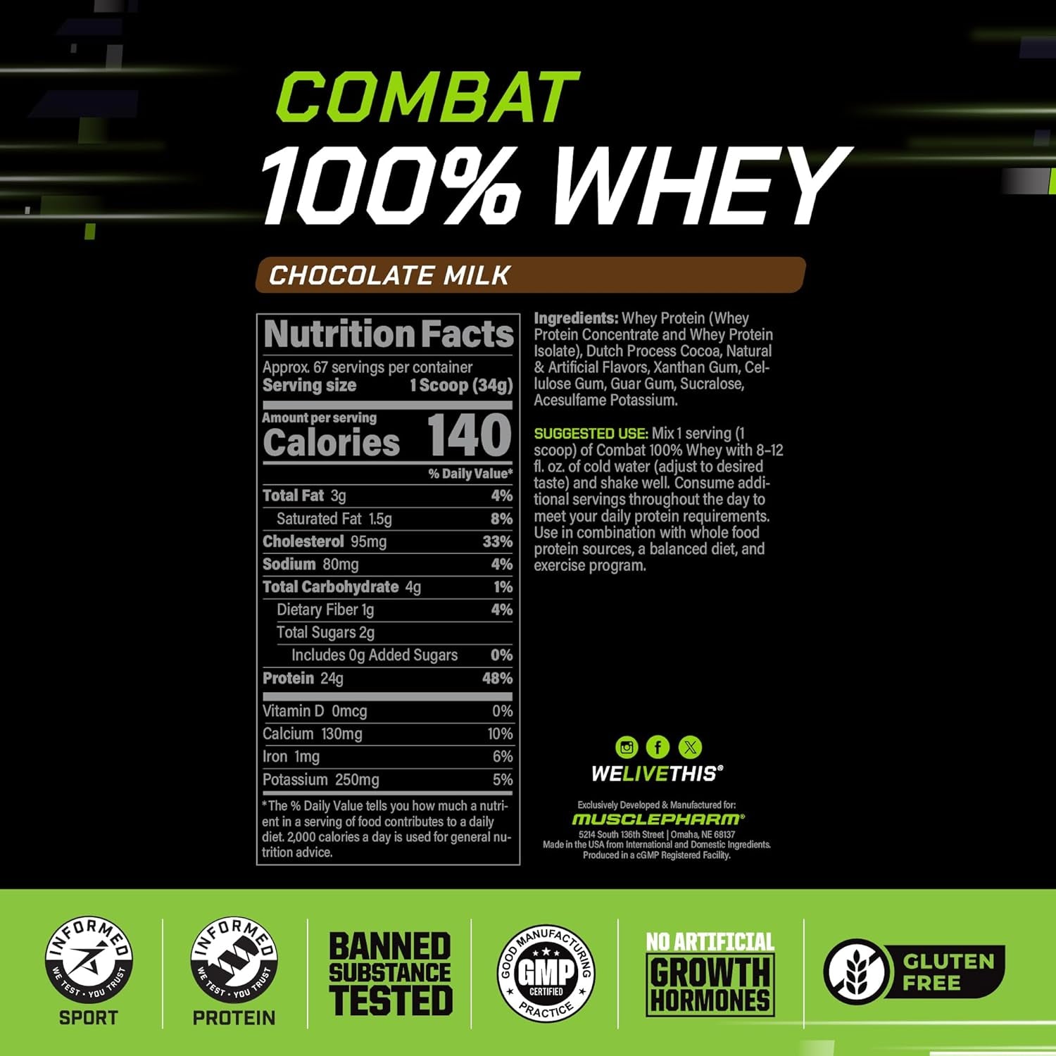 Musclepharm Combat 100% Whey Protein Powder, Chocolate Milk, Fast Recovery & Muscle Gain with Whey Isolate, High Protein Powder for Women & Men, Gluten Free, 5Lb, 67 Servings
