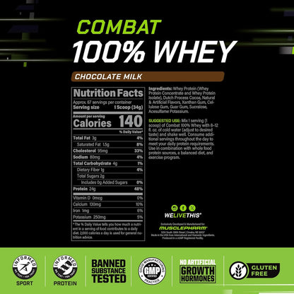 Musclepharm Combat 100% Whey Protein Powder, Chocolate Milk, Fast Recovery & Muscle Gain with Whey Isolate, High Protein Powder for Women & Men, Gluten Free, 5Lb, 67 Servings