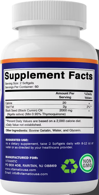 Black Seed Oil Capsules - 2000 Mg per Serving - 120 Softgels - Colde Pressed - Contains Min 0.95% Thymoquinone - Supports Healthy Immune Response - Made in the USA