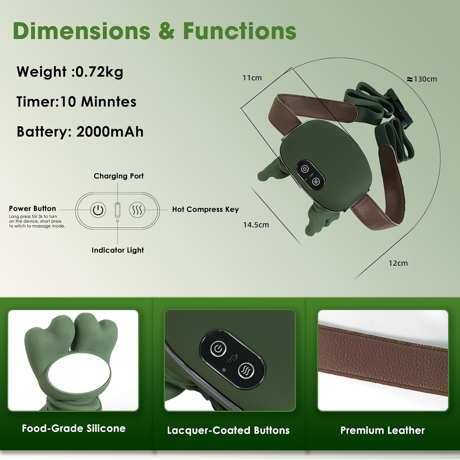 Neck and Shoulder Massager with Bionic Hand - 4D Kneading Shiatsu with Heat, Wireless Portable Rechargeable Deep Tissue Massager for Pain Relief, Home/Office (Green)