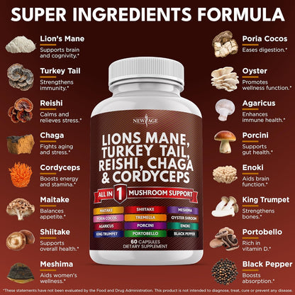 Lions Mane Mushroom Supplement with Turkey Tail Reishi Cordyceps Chaga with Marshmallow Root - 120 Count