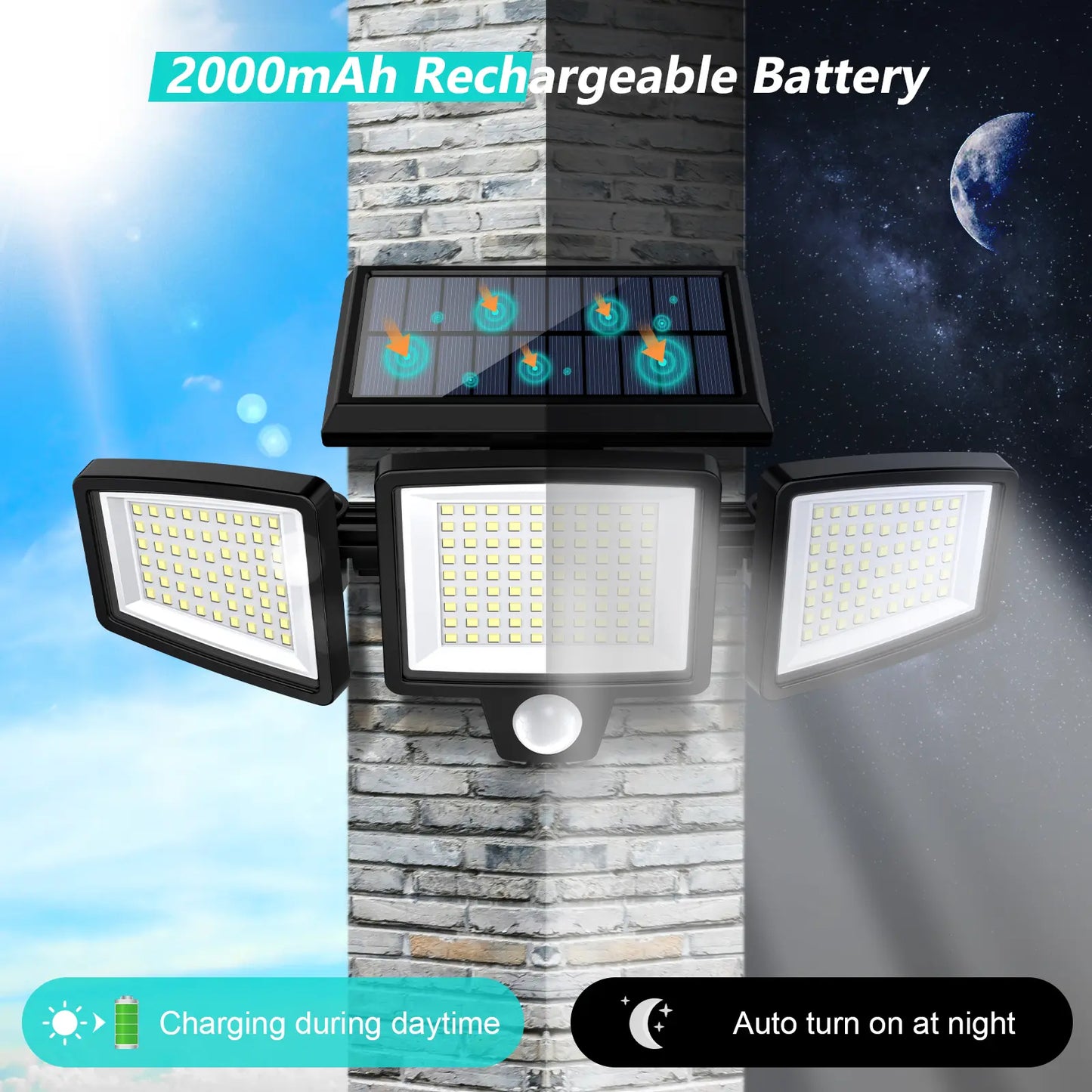 Tuffenough Solar Outdoor Lights 2500LM 210LED Security Lights,3 Heads Dimmable Spotlights with 3 Modes,Ip65 Waterproof,Suitable for Yard, Garage, Porch,Patio, Garden,Farm,Chicken Coop, Barn,Horse Stable,Pool,Father'S Day Gift