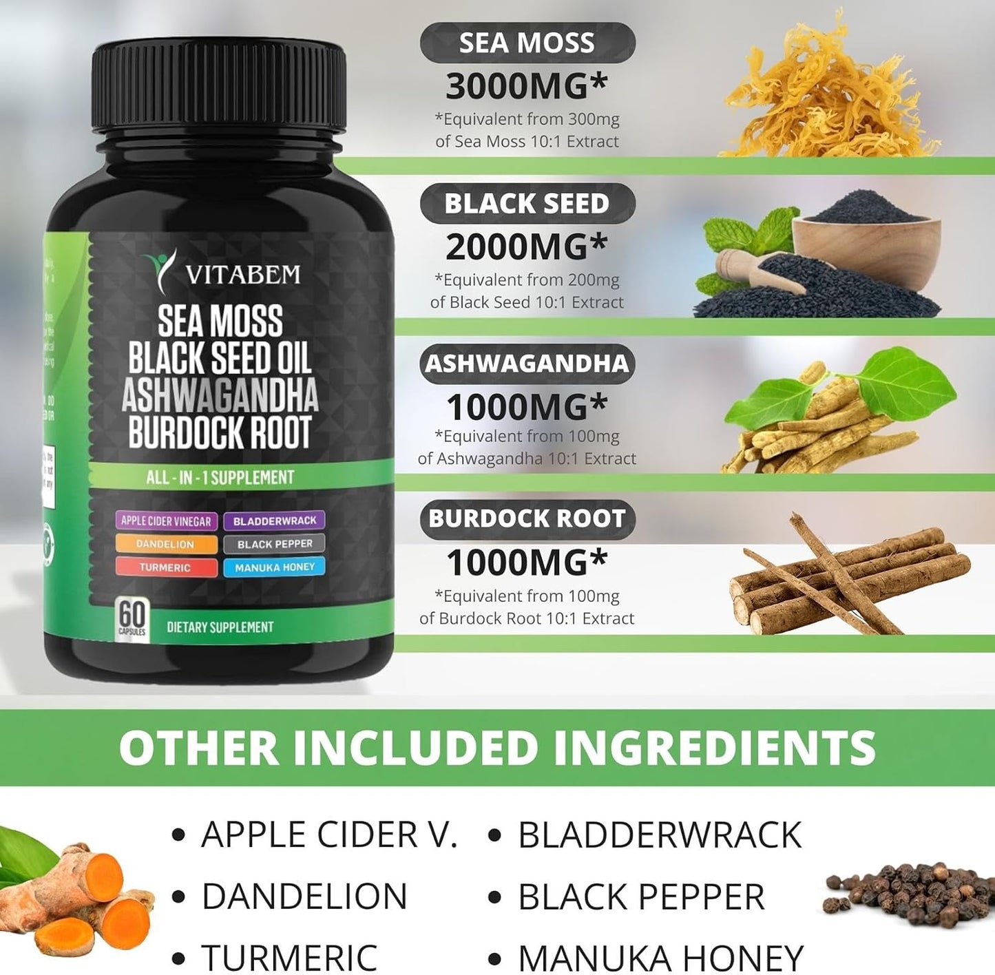 Sea Moss Black Seed Oil Ashwagandha Turmeric Bladderwrack Burdock Root | Advanced Sea Moss Capsules All in One Supplement with Seamoss Black Seed Oil Burdock Root Capsules - 60 Count