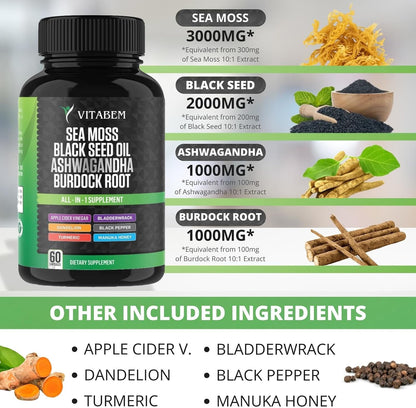 Sea Moss Black Seed Oil Ashwagandha Turmeric Bladderwrack Burdock Root | Advanced Sea Moss Capsules All in One Supplement with Seamoss Black Seed Oil Burdock Root Capsules - 60 Count