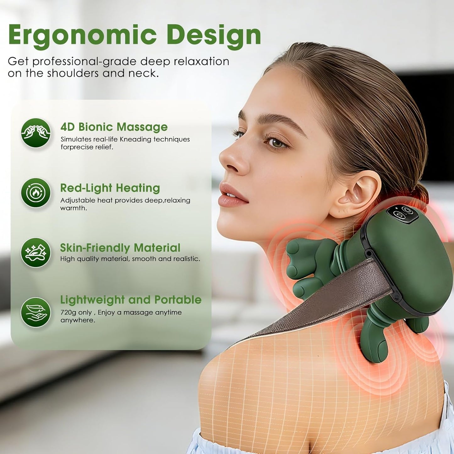Neck and Shoulder Massager with Bionic Hand - 4D Kneading Shiatsu with Heat, Wireless Portable Rechargeable Deep Tissue Massager for Pain Relief, Home/Office (Green)
