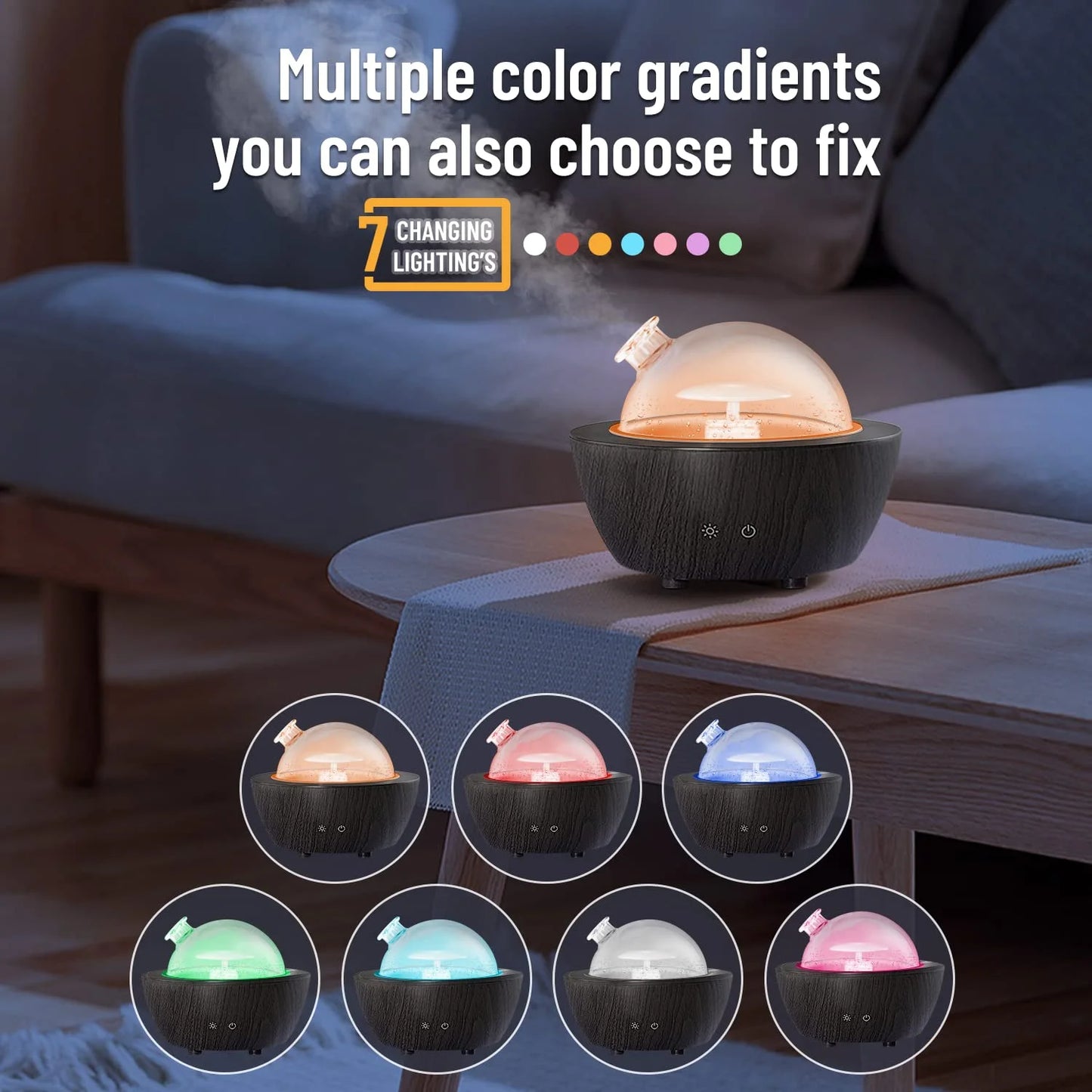 280Ml Glass Essential Oil Diffuser Aromatherapy Diffusers Ultrasonic Cool Mist Humidifier with 2 Mist Modes & 7 Color LED Lights and Waterless Auto Shut-Off for Home Office Spa Bedroom,Dark Wood Grain