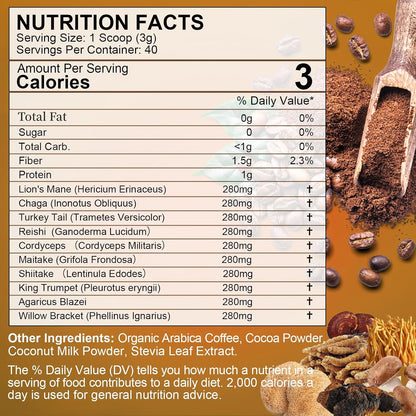 Mushroom Coffee -10 Mushroom Instant Coffee Powder with Lion'S Mane, Reishi, Chaga, Cordyceps, and Turkey Tail | Mushroom Coffee Alternative for Immune Boost, Mental Clarity & Focus, Digestion Health